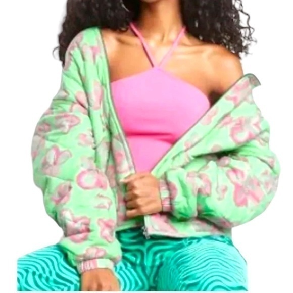 WILD FABLE | Mint Green and Pink Floral Hooded Quilted Jacket - Picture 1 of 14